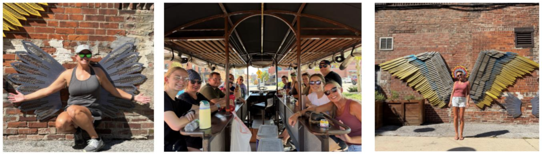 Three photos from the Galecki team’s trolley bike outing in downtown Fort Wayne. In the center, team members smile on a Pedal City trolley bike. On either side, a team member poses in front of a winged mural on the Fort Wayne Public Art Trail.